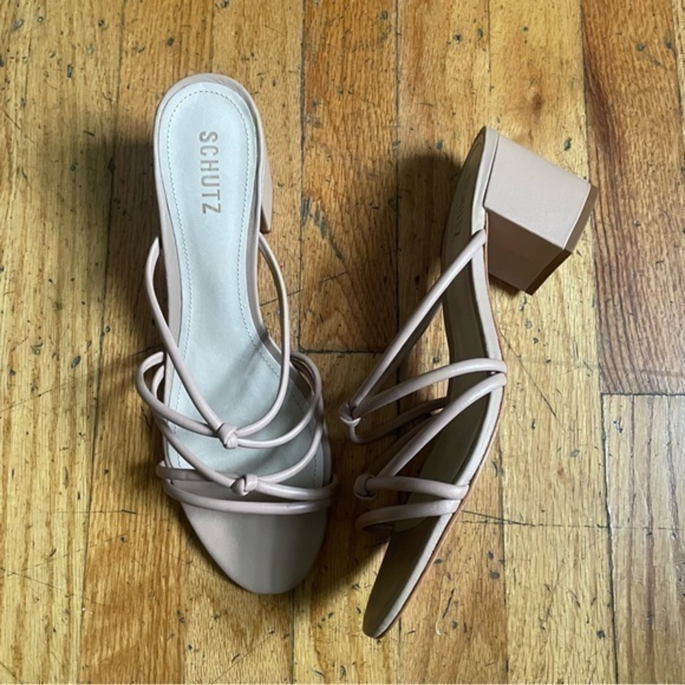 Schutz Nude Leather Strappy Block Heel Sandals Size 11